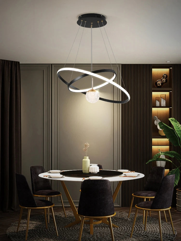 lampe suspendue moderne scandinave anneau métallique noir blanc doré salon chambre