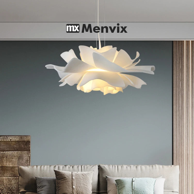 lampe suspendue moderne blanc feuilles ouvertes texture organique salon chambrehôtel