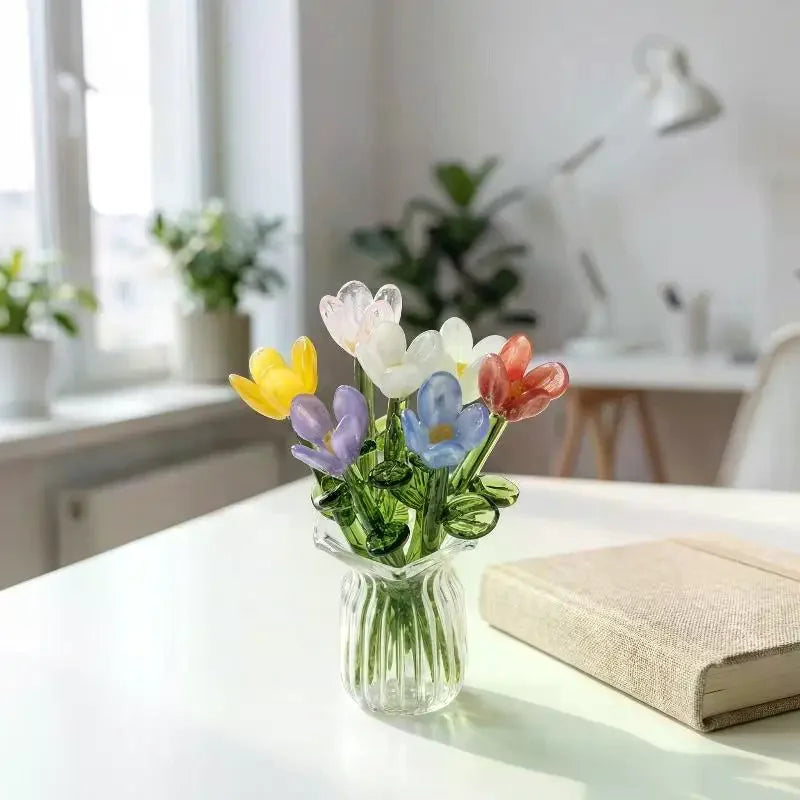 bouquet fleurs artificielles multicolores transparentes minimaliste boite cadeau verte