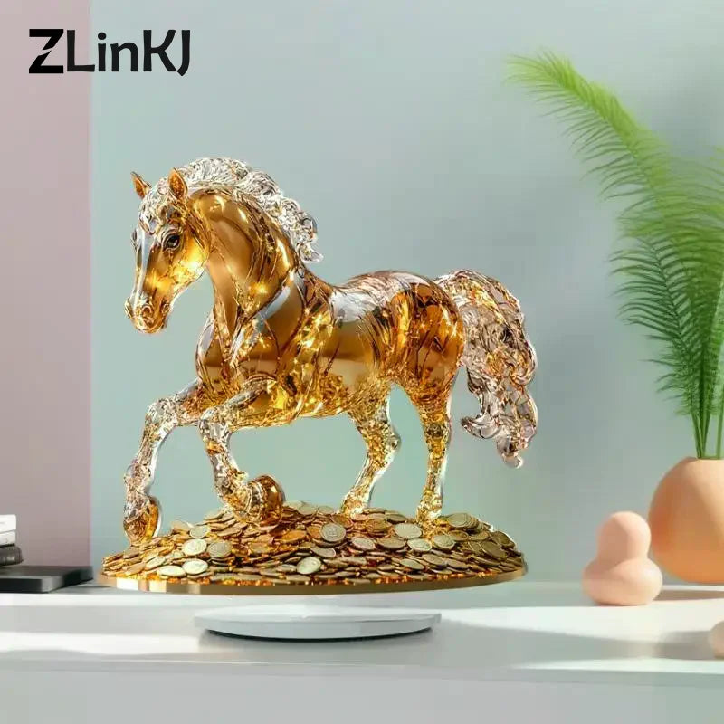 statue cheval doré détails cristal artisanal moderne base plate ornement chambre cadeau