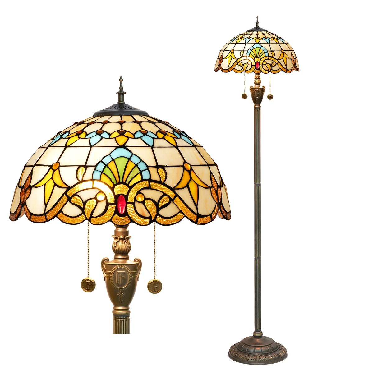 lampe sol tiffany multicolore art nouveau interrupteur pédale base résine hauteur 163cm