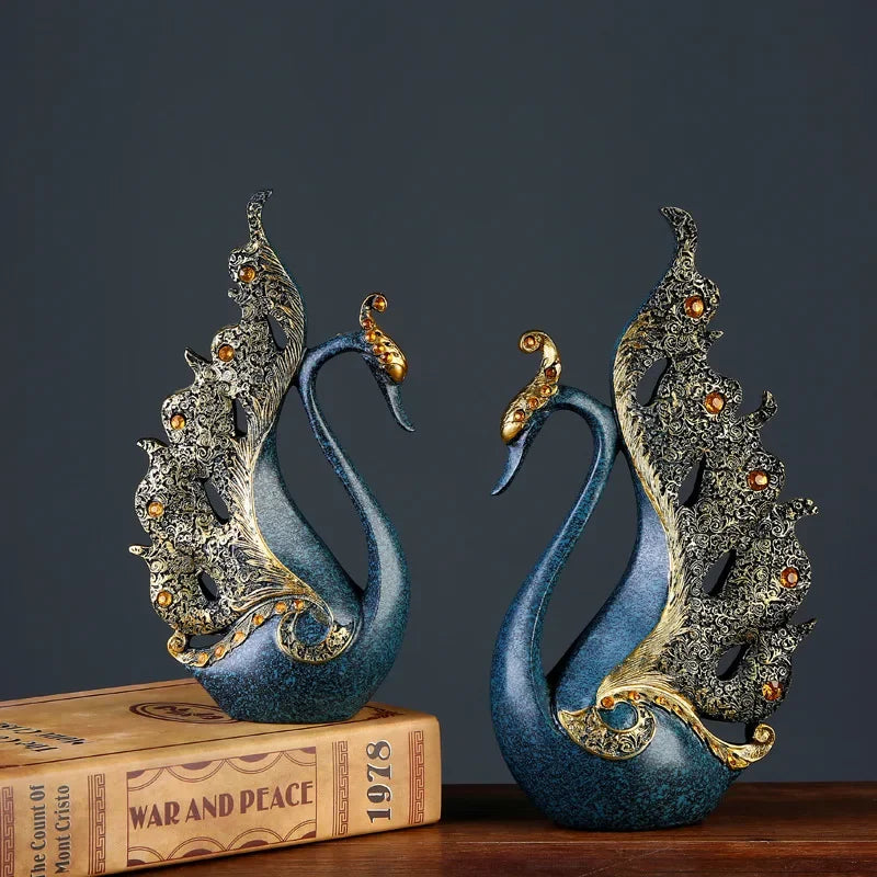 statue oiseau résine or argent bleu nuit strass dorés motifs floraux art deco élégante