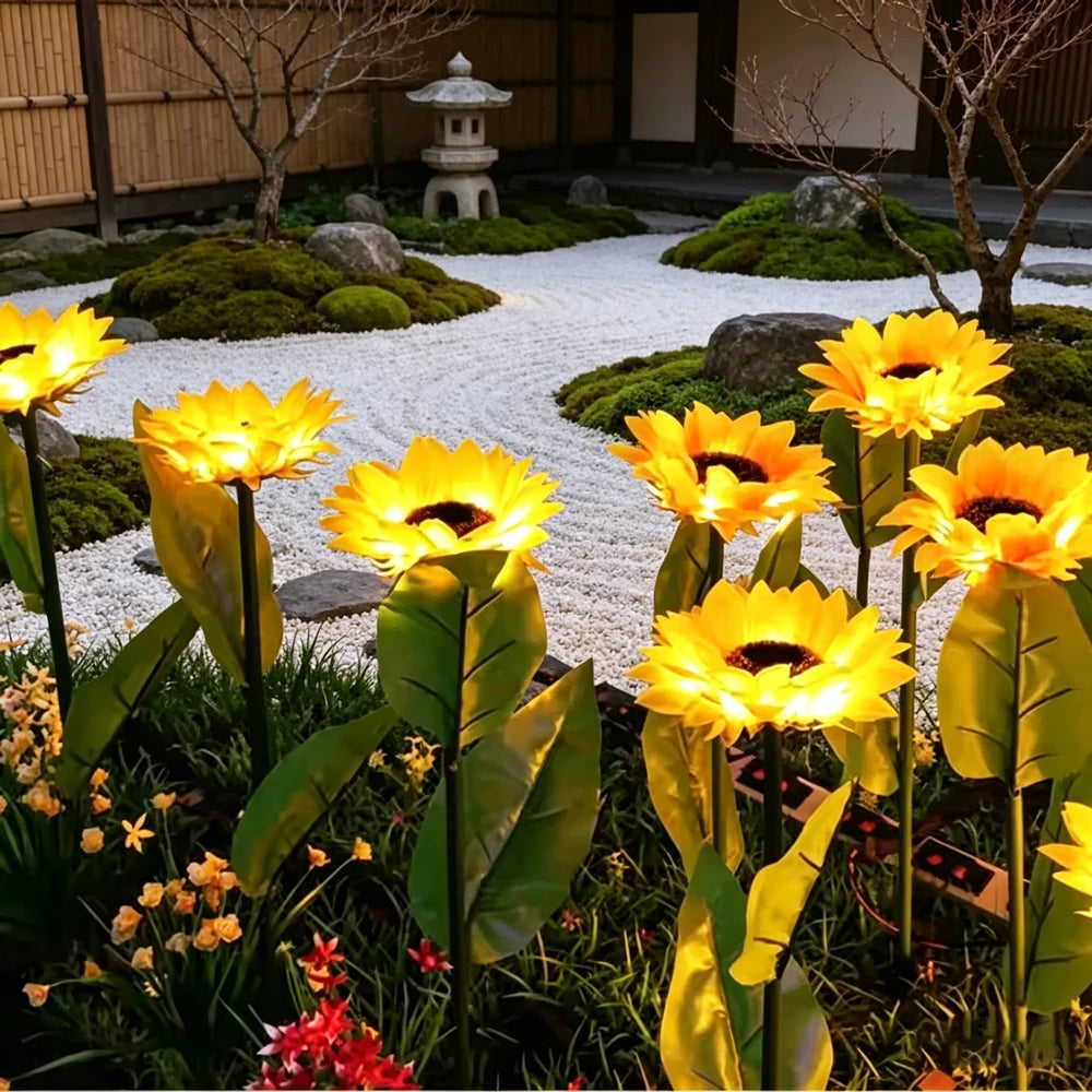 fleur artificielle solaire jaune verte moderne piquet métallique base fixation