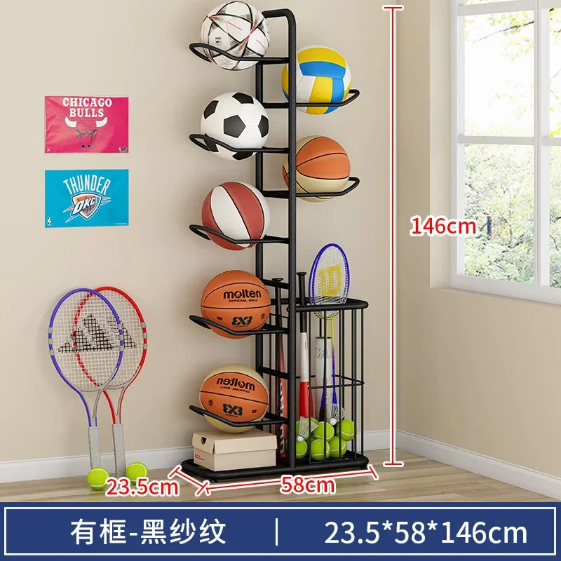 support rangement sport blanc noir doré raquettes balles tennis volleyball moderne minimaliste