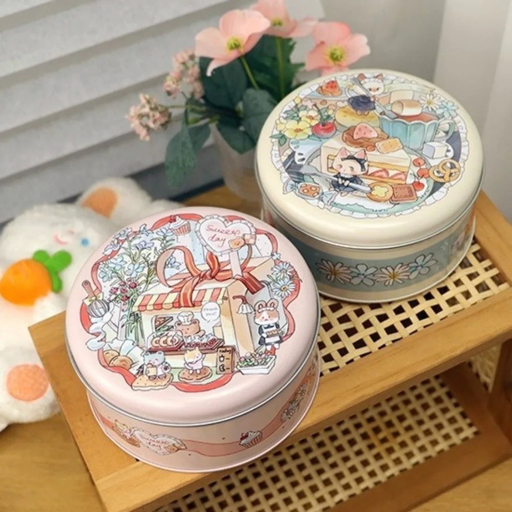 boîtes rondes métal dessin animé personnages mignons fruits animaux fleurs biscuits rose vert bleuclair
