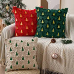 housse coussin noël motif sapins brodés vert foncé rouge crème texture poilue festif