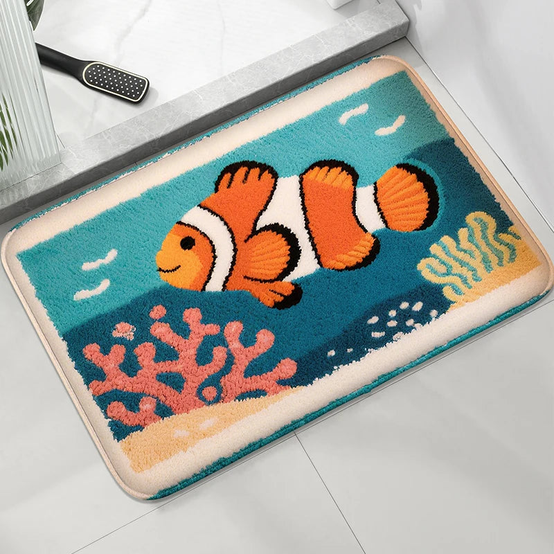 tapis bain moderne beige gris orange noir blanc vagues coquillages coraux absorbant antidérapant machine
