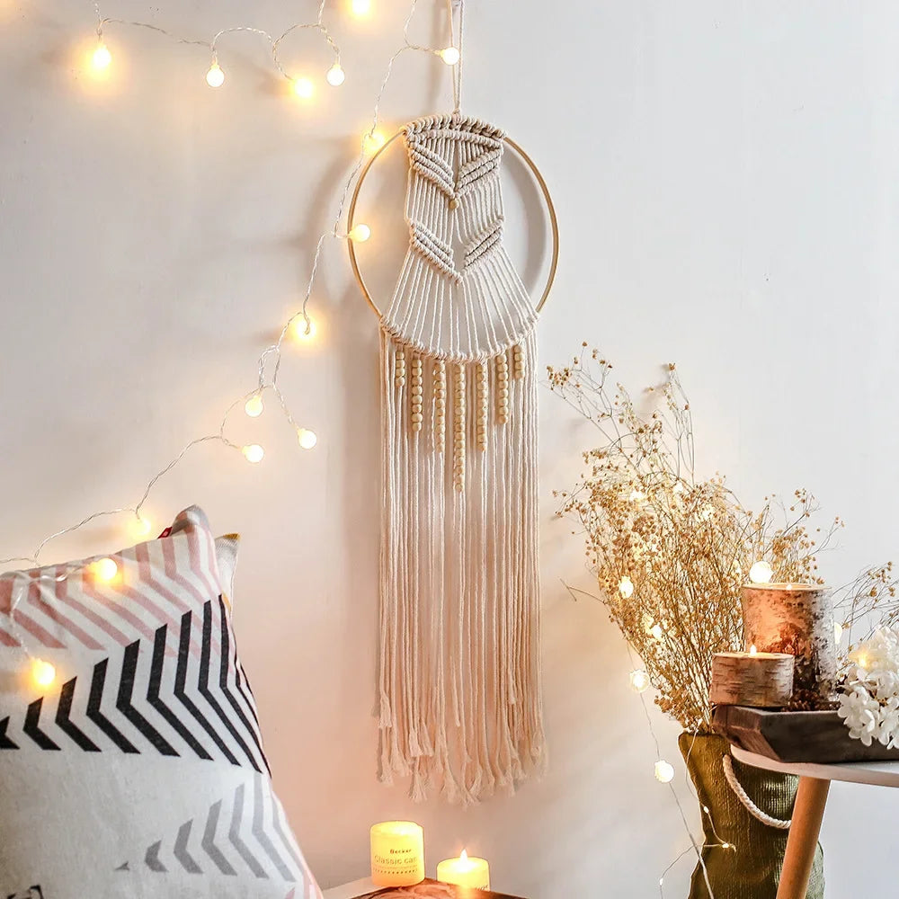 décoration murale macramé bohème tresses noeuds franges cœur lune étoile