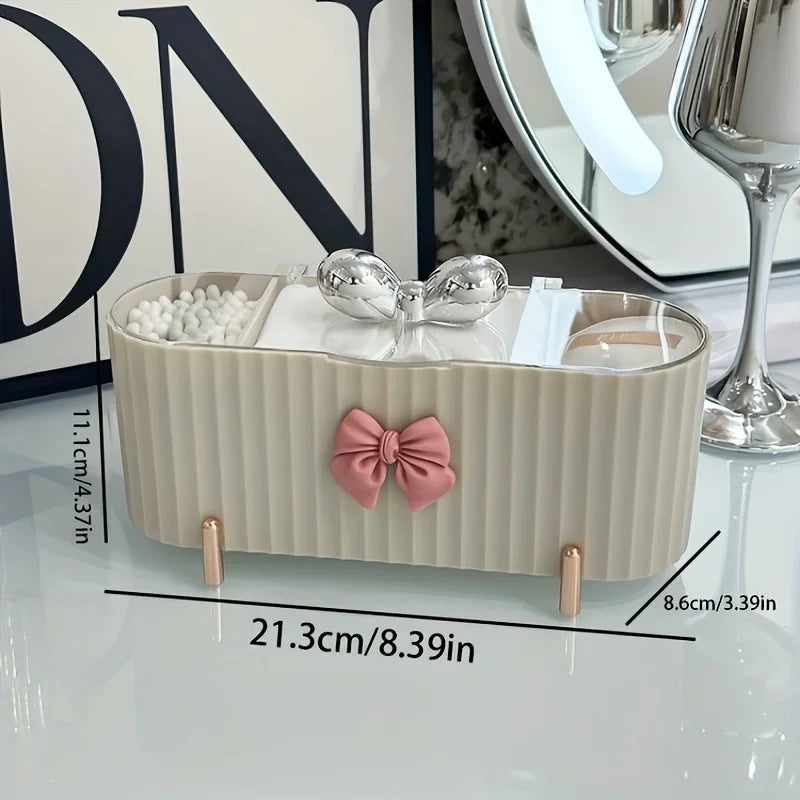 boîte rangement cosmétique moderne beige rose pâle rayures verticales pieds métalliques brosse maquillage boule