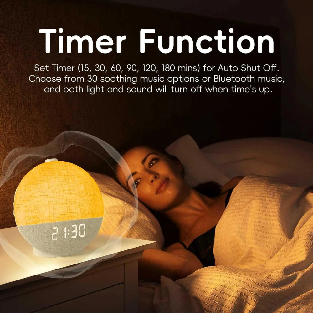lampe d'ambiance moderne blanc gris tissu sons apaisants affichage numérique bluetooth wake up light