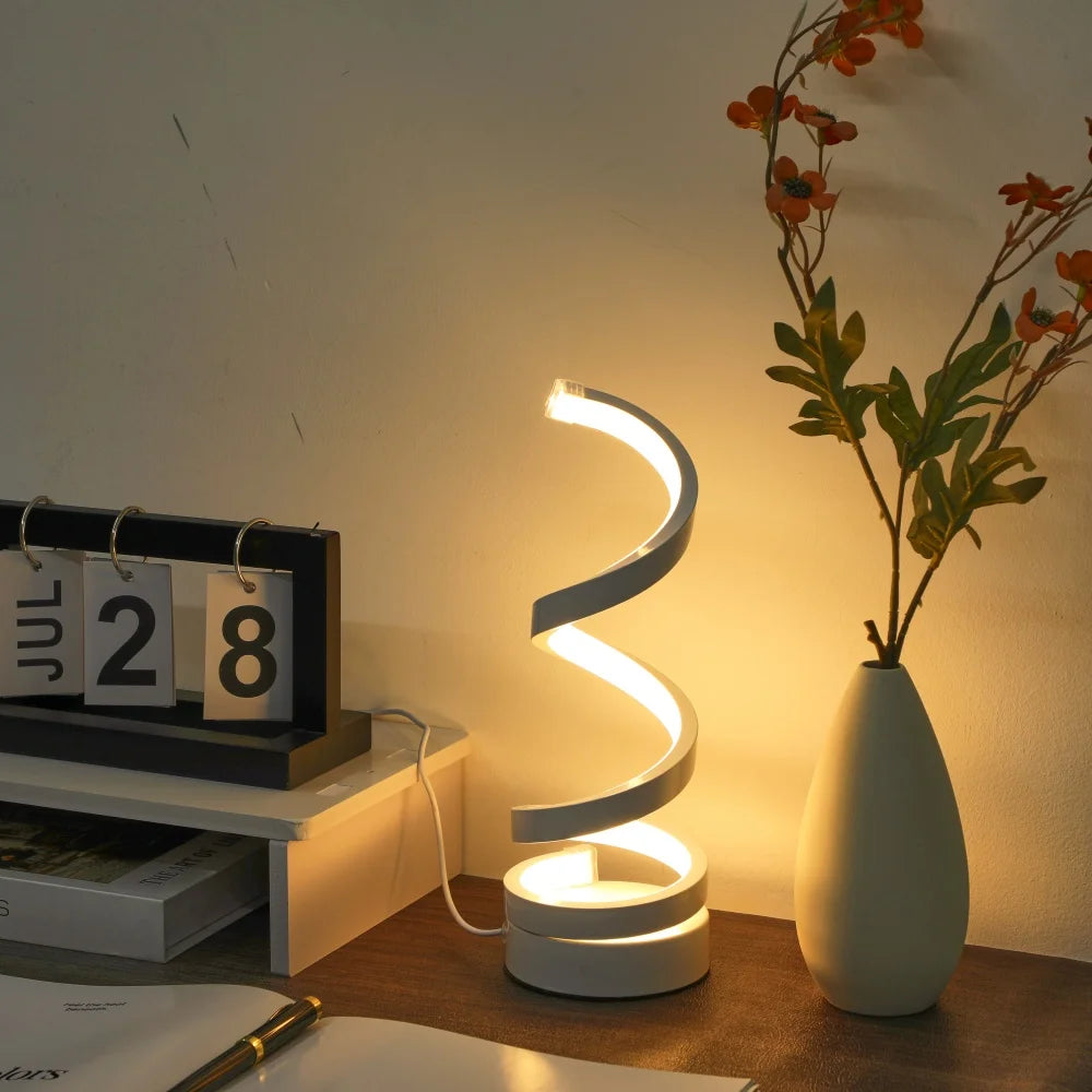 lampe table spirale blanche moderne veilleuse aluminium base plate trois couleurs réglable flux lumineux