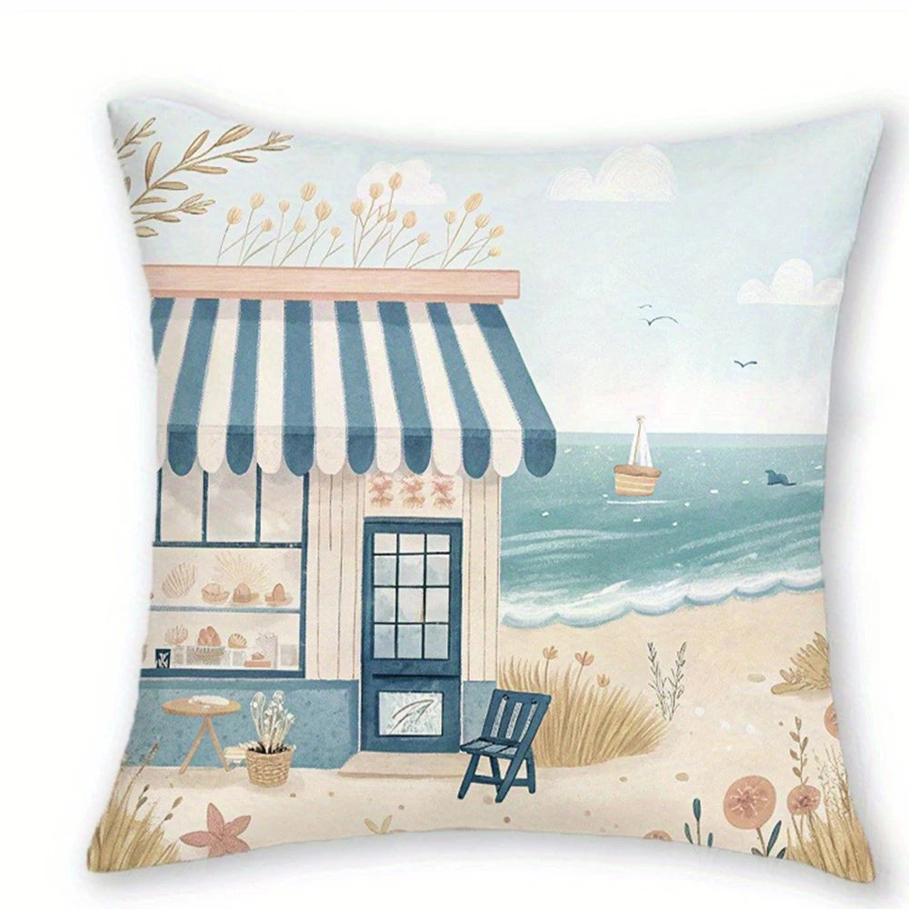 taies d'oreiller motif plage bleu blanc vert vintage adhésif decoration maison polyester peachskin 45x45cm