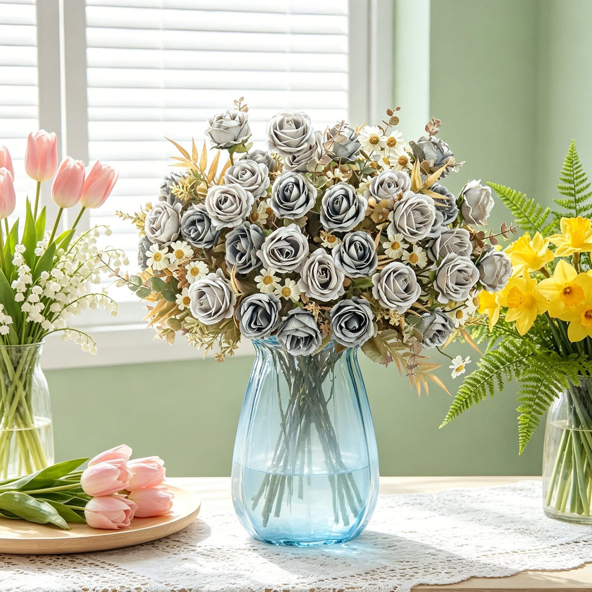 bouquet artificiel roses violettes blanches dorées decoration mariage anniversaire intérieur
