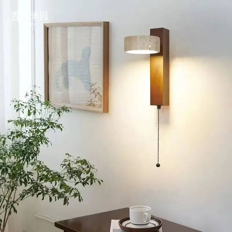 lampe murale led pierre moderne bois naturel interrupteur chaîne chambre coucher salle manger étude