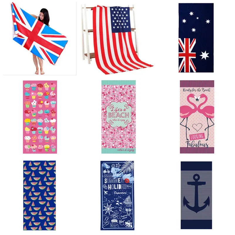 serviette plage microfibre rapide absorption multicolore motifs été noël drapeaux palmiers