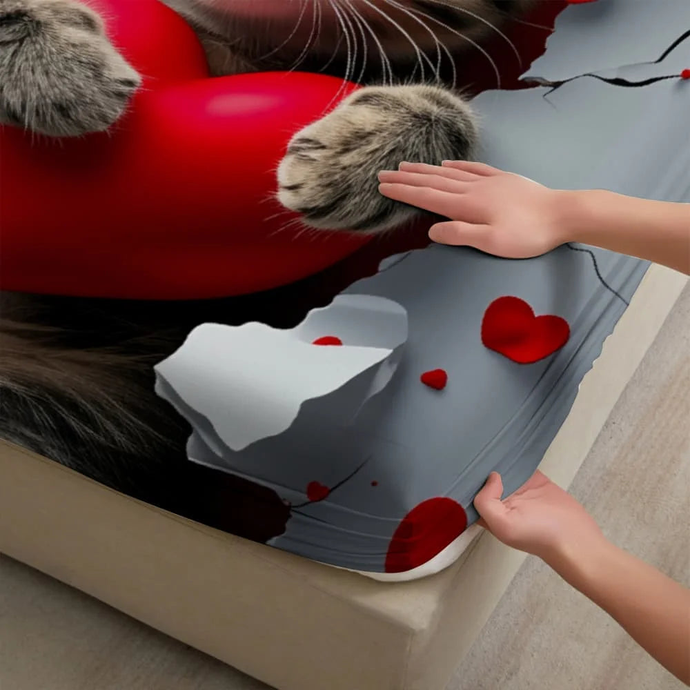 drap plat motif chaton cœur rouge moderne gris coton polyester lit chambre