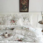 ensemble literie floral romantique blanc rose vert dentelle volants pièces