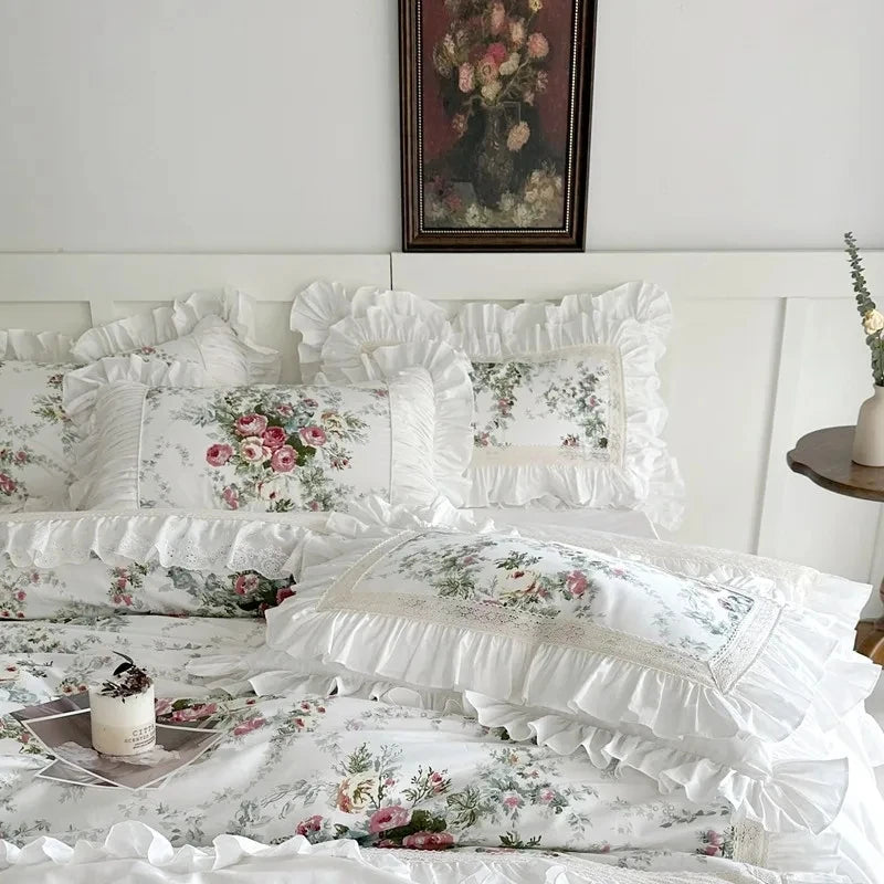 ensemble literie floral romantique blanc rose vert dentelle volants pièces