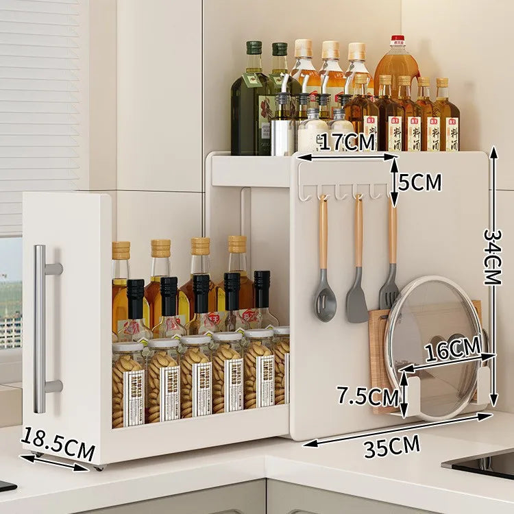 rangement cuisine blanc moderne cuillères bouteilles sauces épices poignées métalliques sans assemblage