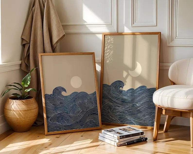 affiches modernes minimalistes abstraites lune ondes stylisées beige bleu marine blanc sans cadre