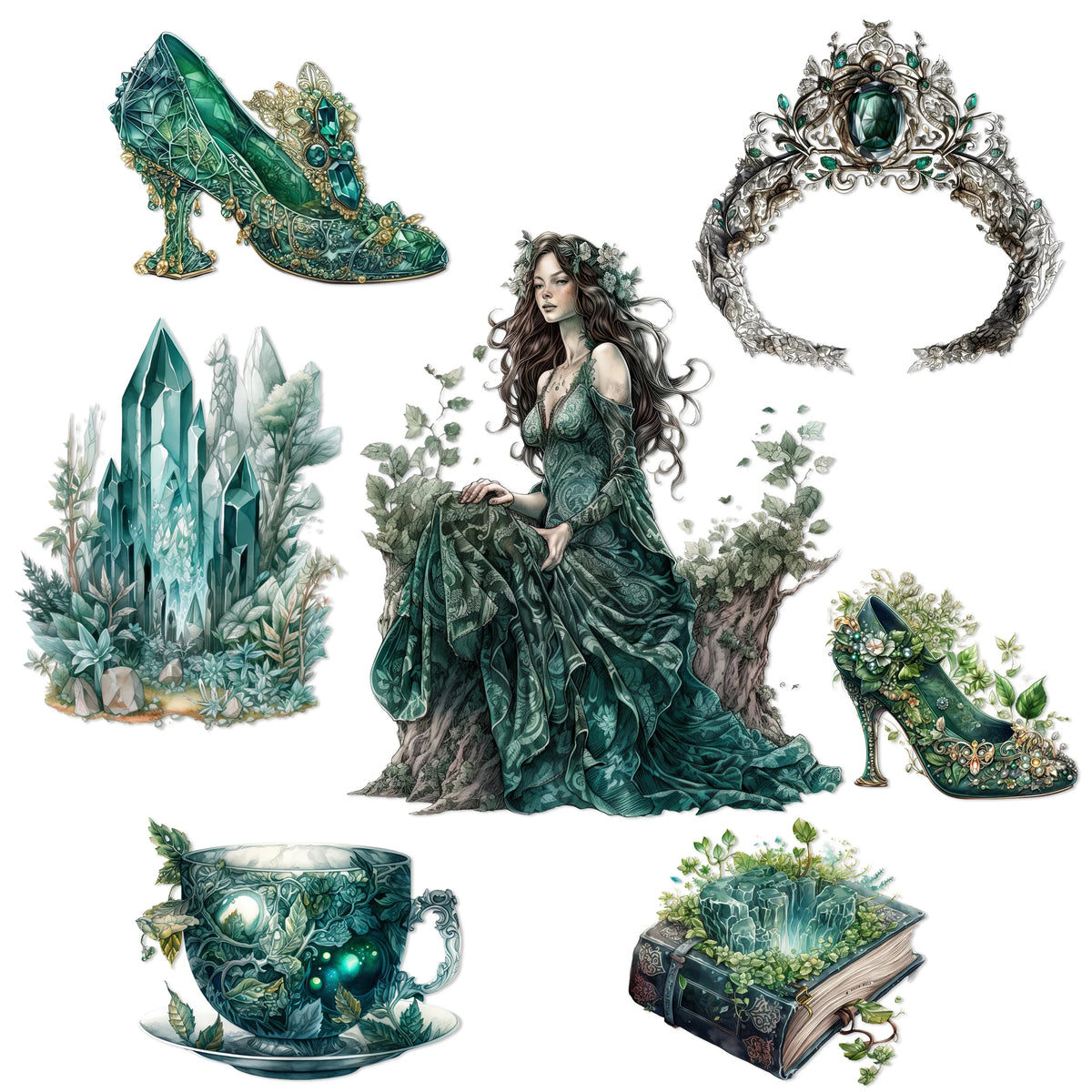 autocollants adhésifs naturels fantastiques feuilles papillon livre dragon blanc vert noirs artisanat scrapbooking