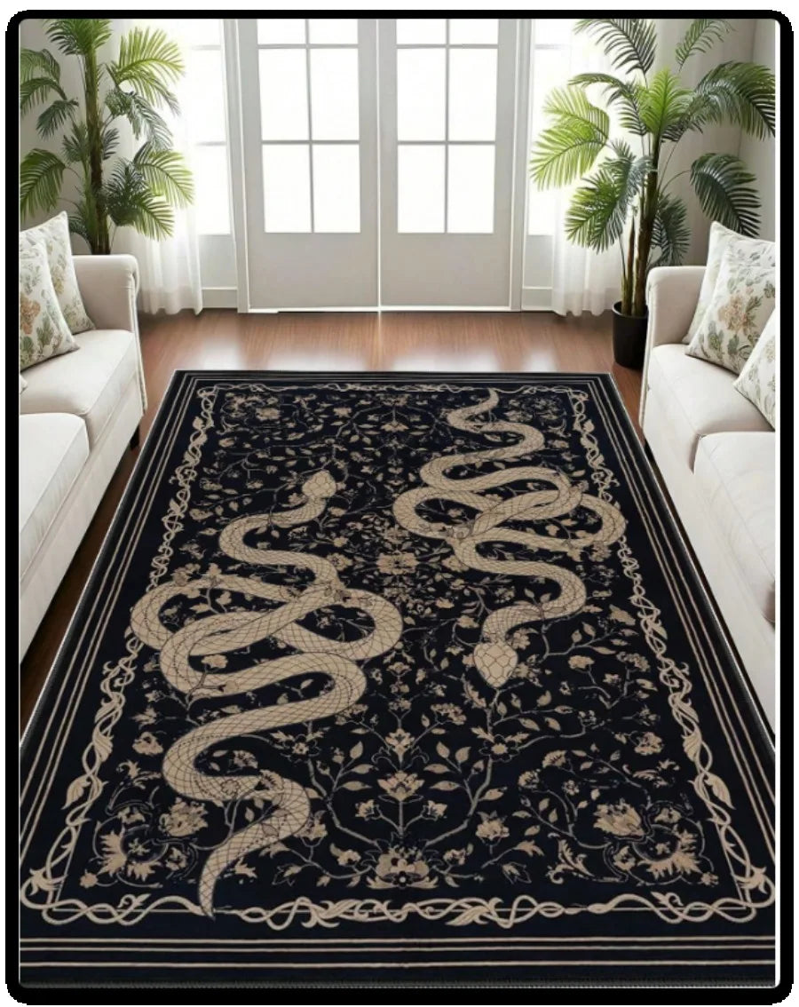 tapis noir serpent stylisé fleurs bordure ornée salon chambre décoration intérieure moderne classique