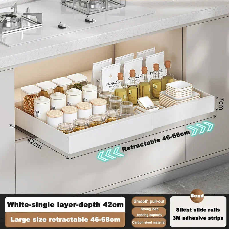 rangement vaisselle moderne tiroir blanc coulissant assiettes contenants verre céréaliers sauces