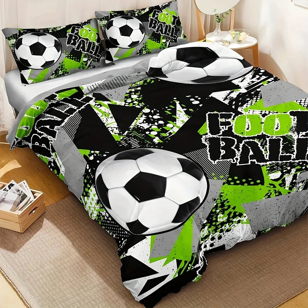 ensemble literie moderne sportif housses football motif vert texte FOOTBALL noir blanc polyester brossé