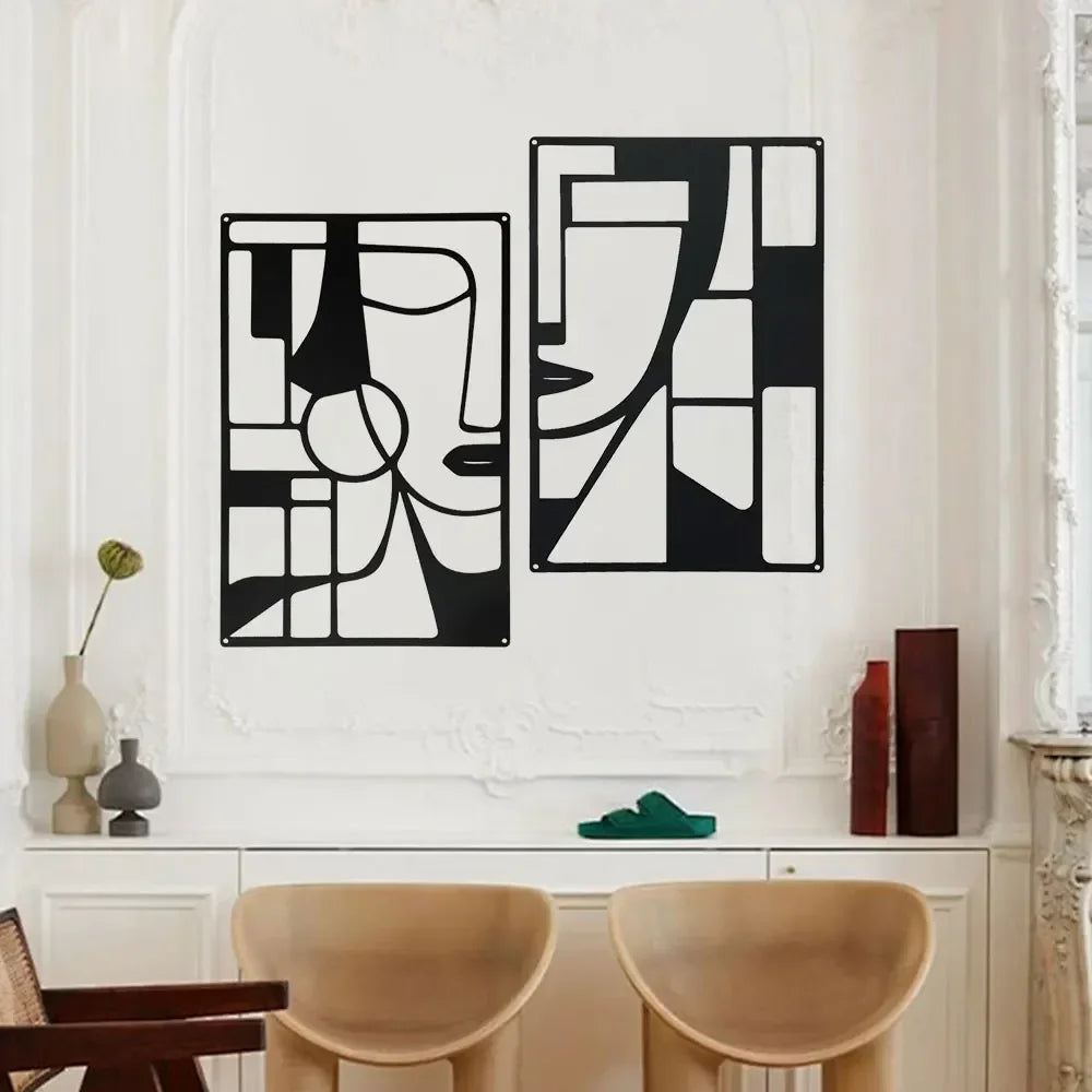 art mural abstrait contemporain noir blanc géométrique facile chambre couchette decoration métal