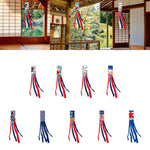 Éventail vent koinobori japonais motifs maneki neko rubans colorés bleu marine rouge blanc