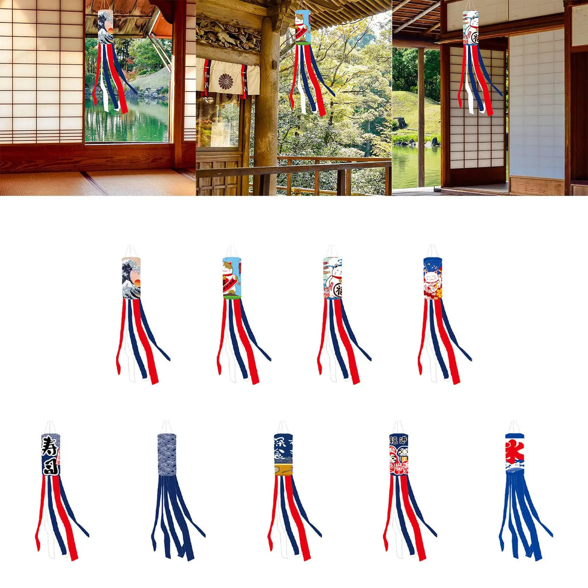 Éventail vent koinobori japonais motifs maneki neko rubans colorés bleu marine rouge blanc