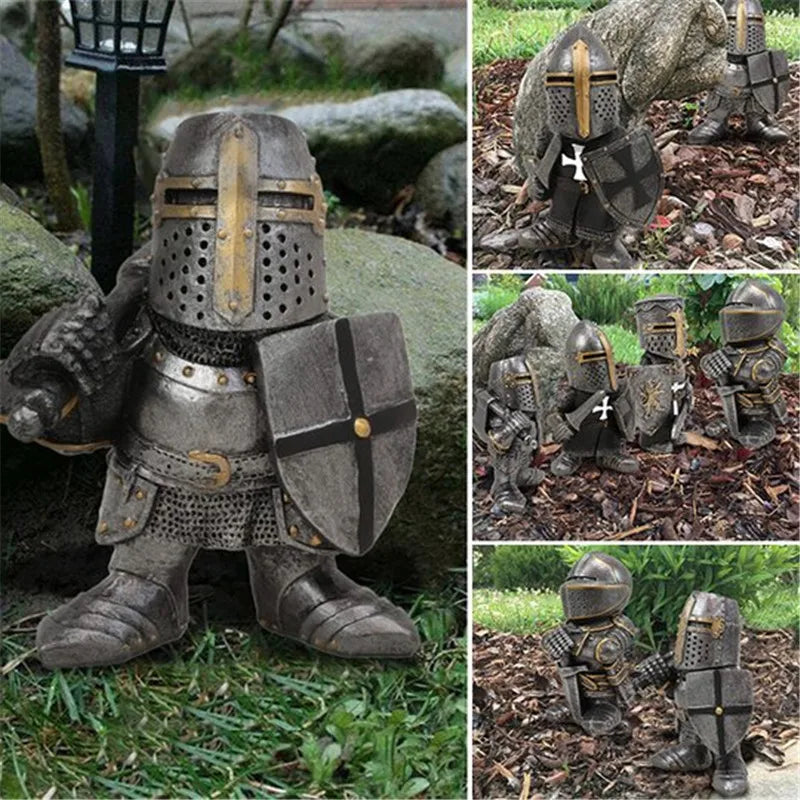 statuette armure médiévale nain épée bouclier décoration jardin extérieure gris doré rétro medieval résine