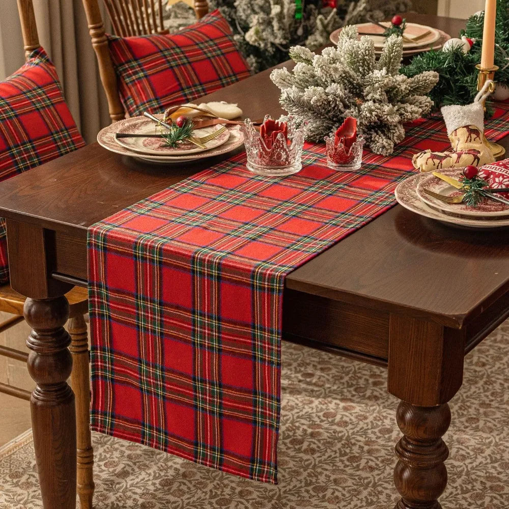 tableau chemin table carreaux écossais rouge noir vert polyester coton classique multiple tailles restaurants
