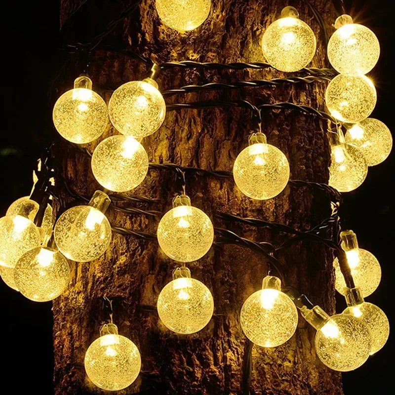 guirlande lumineuse solaire cristal blanc doré décor jardin extérieur fête noël led