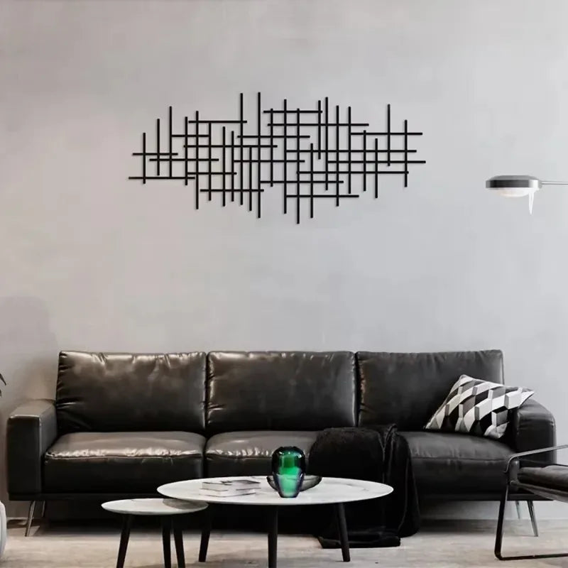 décoration murale moderne sculpture métal noir lignes horizontales verticales abstrait irregulier