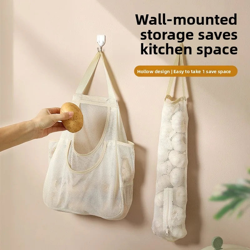 sac rangement polyester beige maille fine pratique moderne crochets mural poche frontale