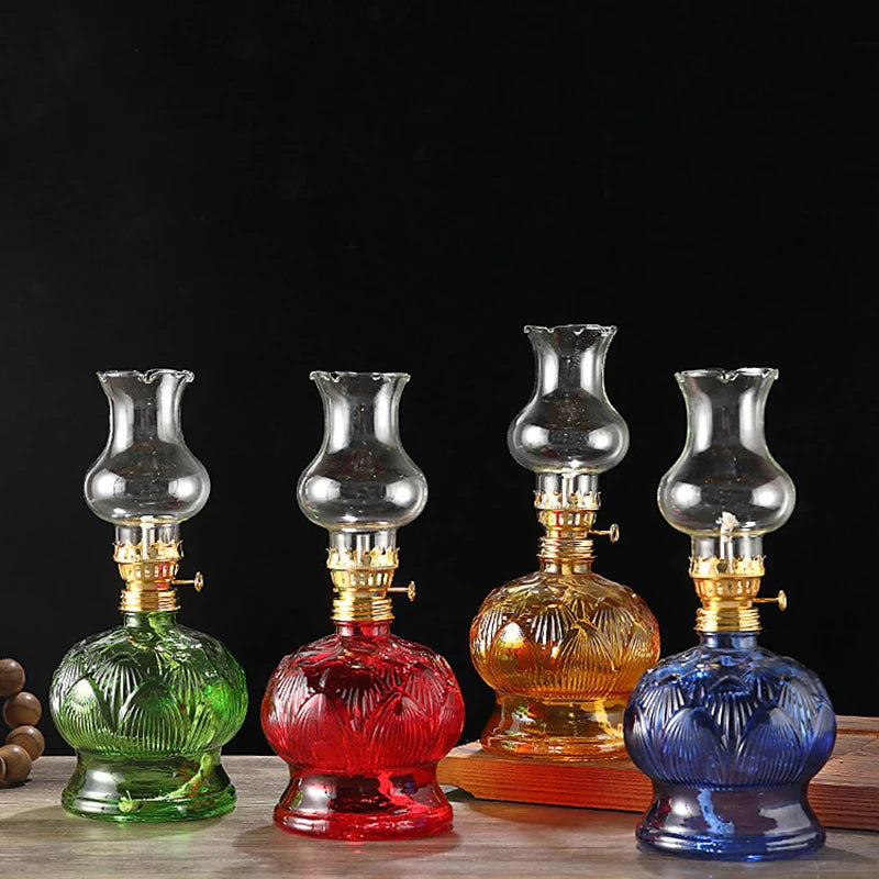 lampe huile verte rouge bleu orange transparent relief floral ancienne vintage décoration maison