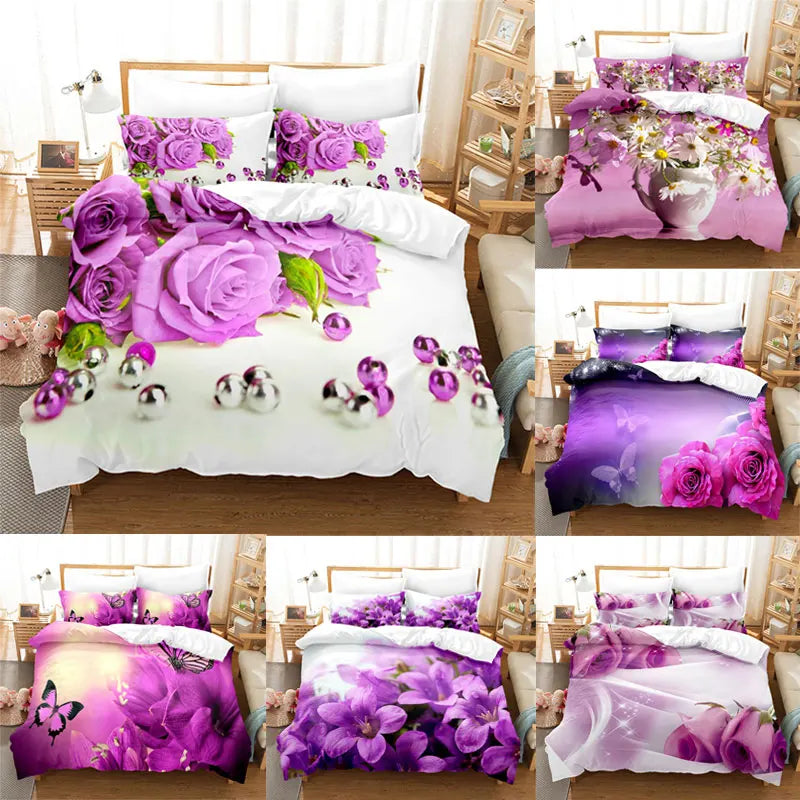 Housse de couette 200x200 motif fleur violette sur lit