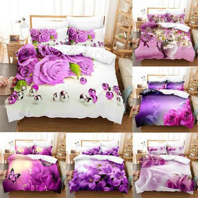 Housse de couette 200x200 motif fleur violette sur lit