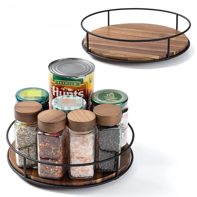 support rotatif bois noir conteneurs alimentaires rotation fluide cuisine moderne minimaliste