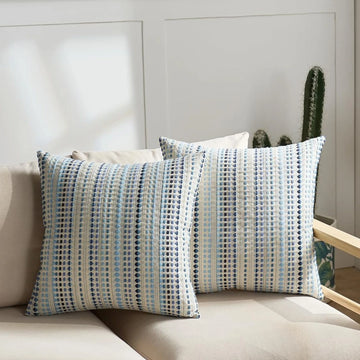 housse coussin décorative coton lin motif géométrique bleu beige noir canapé salon lit moderne