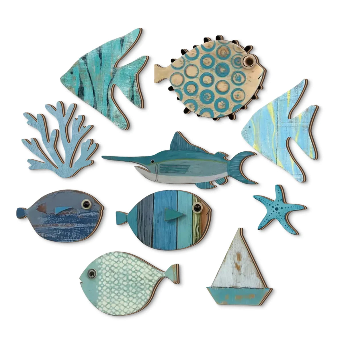 décoration murale bois poissons corail étoile mer voilier marin océan intérieur artisanal fait main