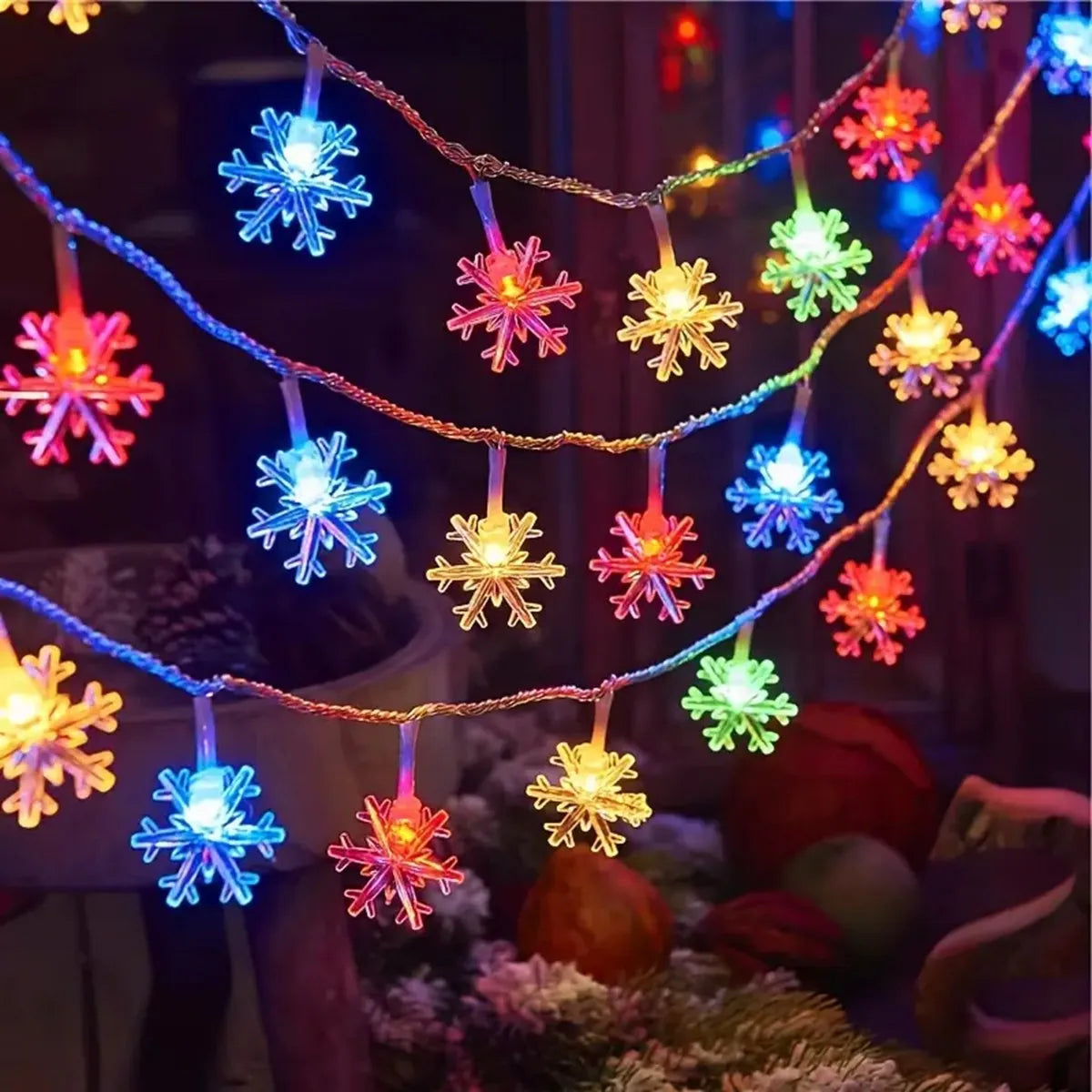 guirlande lumineuse flocons neige blanc bleu vacances noël ambiance intérieure extérieure led festive jardin