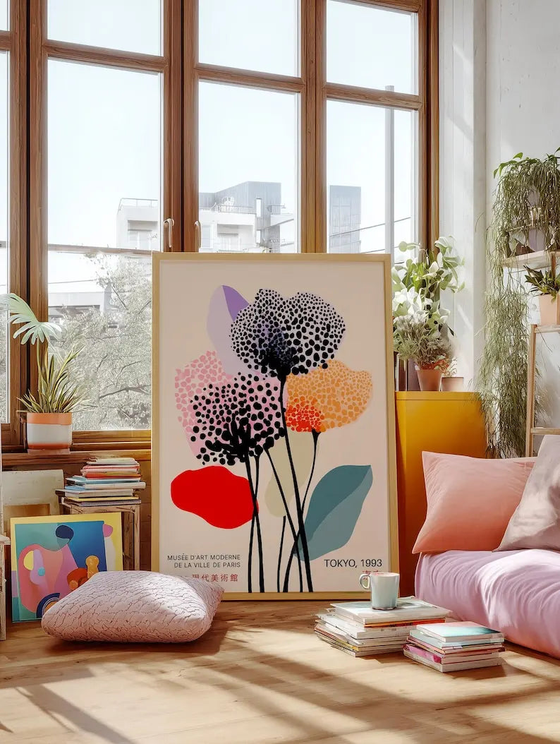 affiche moderne toile fleurs stylisées taches noires multicolore rouge noir blanc rose jaune bleu