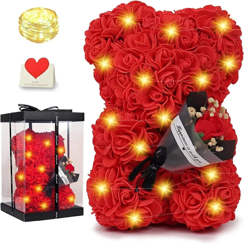 décoration intérieure ours fleurs artificielles rose boîte cadeau guirlande lumineuse carte souhaits saint valentin