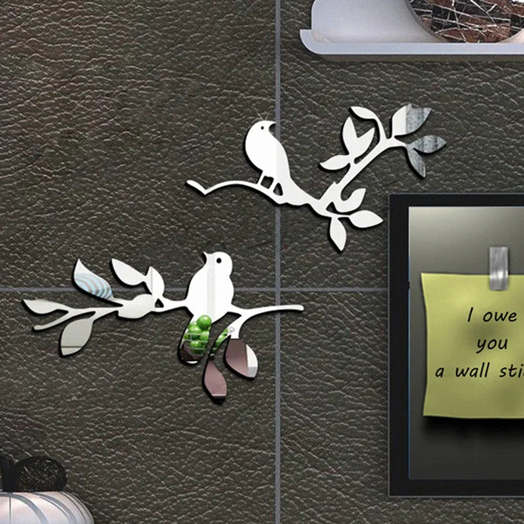 sticker mural moderne oiseaux branches feuilles argenté noir bleu clair minimaliste adhésif chambre deco
