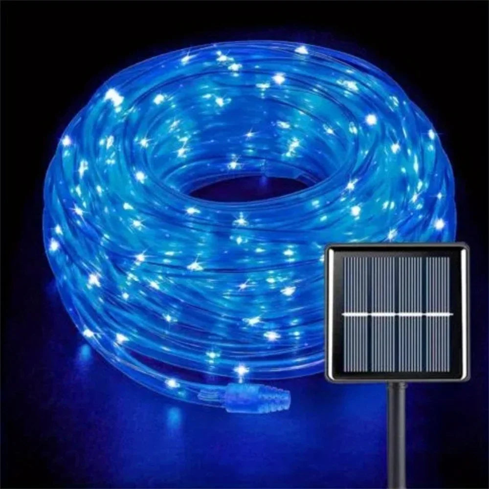 guirlande led solaire bleue 30m 300leds ip65 moderne points lumineux espacés piquet autoinstallation