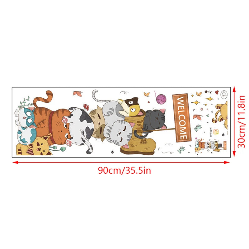 sticker mural multicolore dessin animé chats bienvenue fleurs papillons adhésif chambre enfant deco cartoon