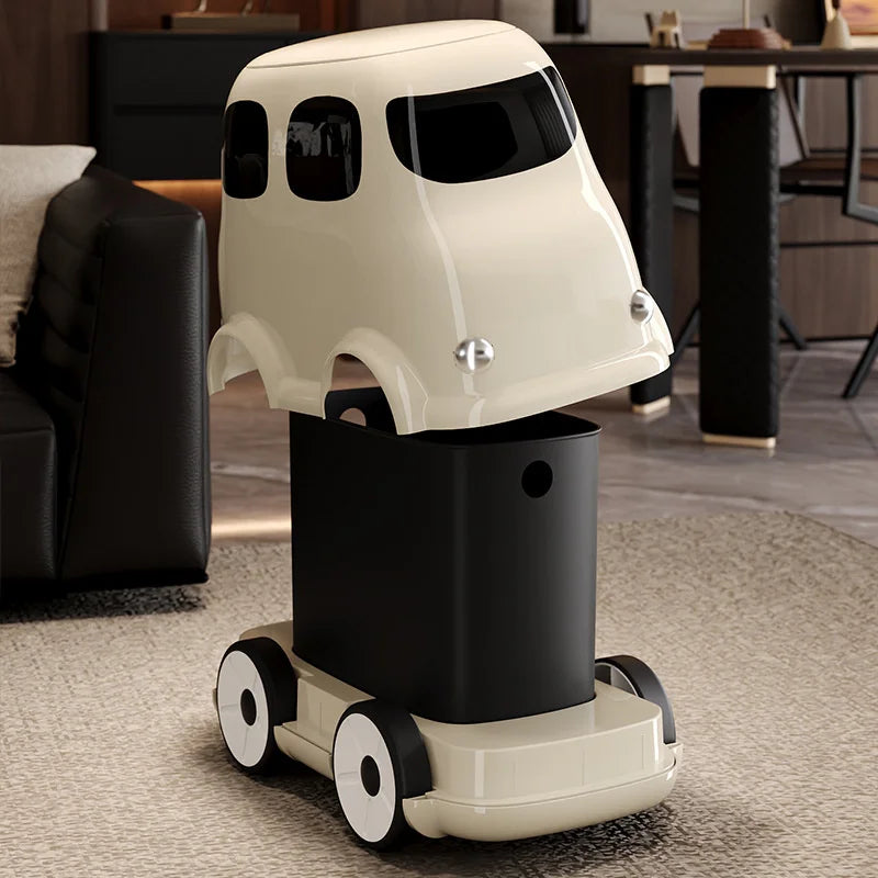 poubelle forme voiture rouge beige ludique roues compartiment intégré maison enfants