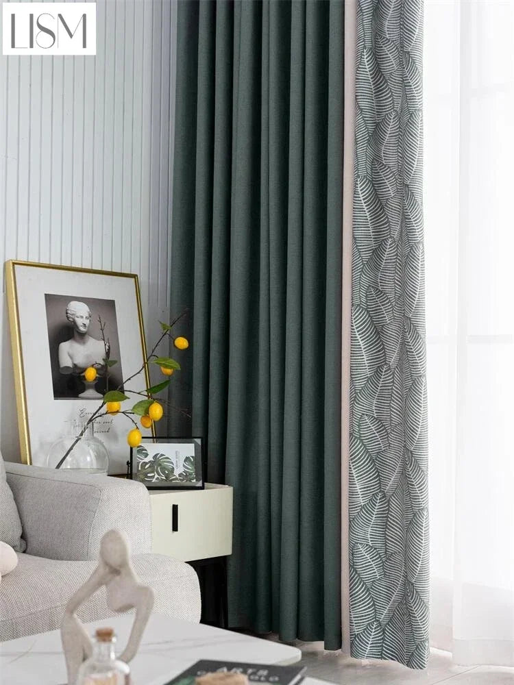 rideau opaque moderne motif feuilles lin gris beige vert foncé salon chambre fenêtre maison